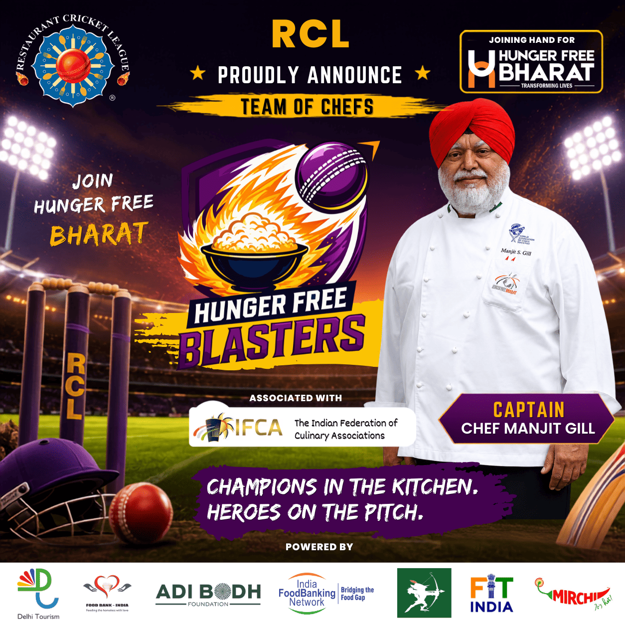 Every run feeds Bharat! Season 4 announcement at Major Dhyan Chand National Stadium New Delhi. 🏏🔥 1 Run = 10 Meals. #RCL2026 #HungerFreeBharat #EveryRunFeedsBharat